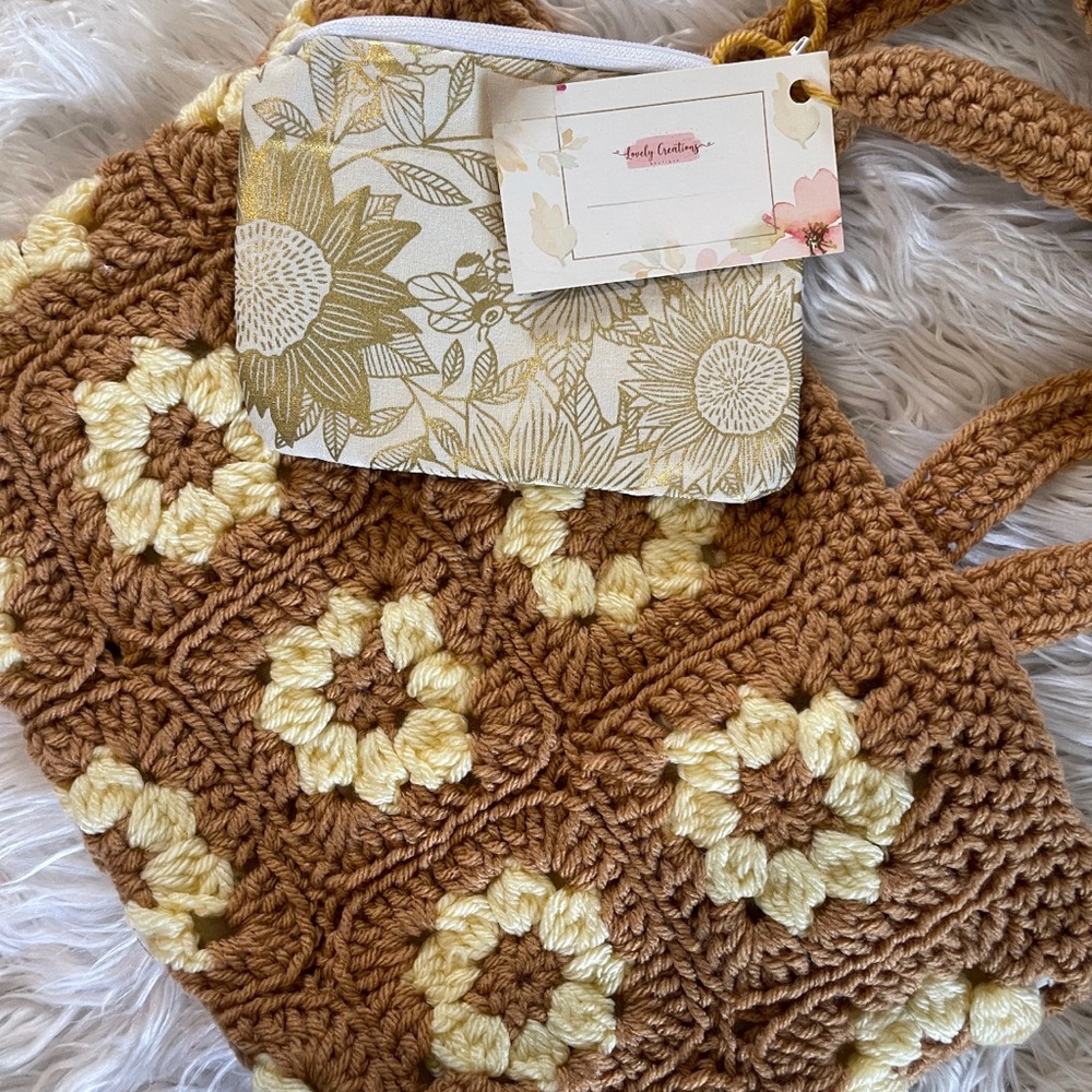 Handcrafted Floral Crochet Bag - Brown and Cream